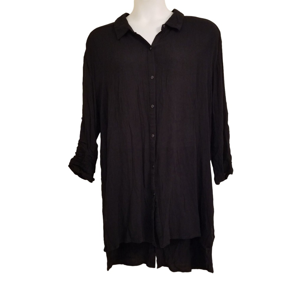 Swimsuits for All 18 20 Black Gauzy SHEA High Low Button Front Cover Up Shirt